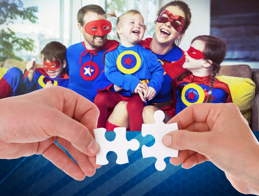 Famille de super-héros collaborant pour résoudre des puzzles ensemble